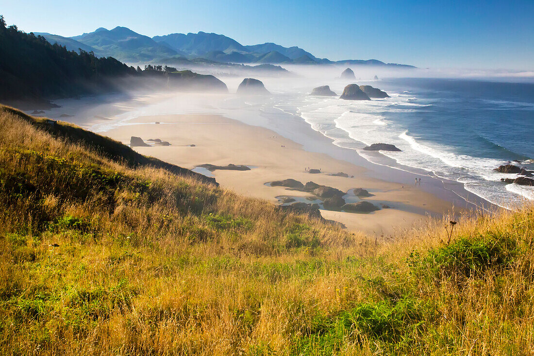 Morgennebel verleiht dem Ecola State Park mit Blick nach Süden zum Haystack Rock und Cannon Beach, Oregon, Vereinigte Staaten von Amerika, eine besondere Schönheit