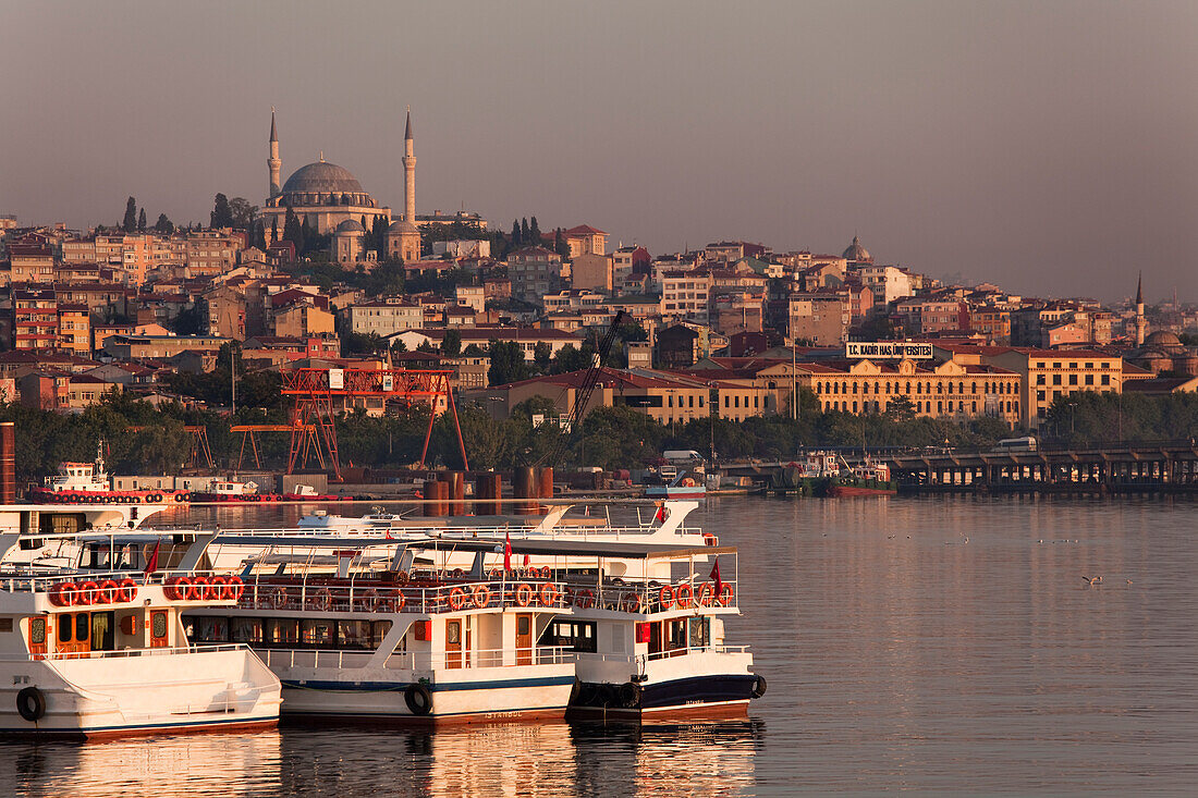 View of Sulumaniye Mosque from Galata Bridge,crossing the Golden Horn,Istanbul,Turkey,Istanbul,Turkey