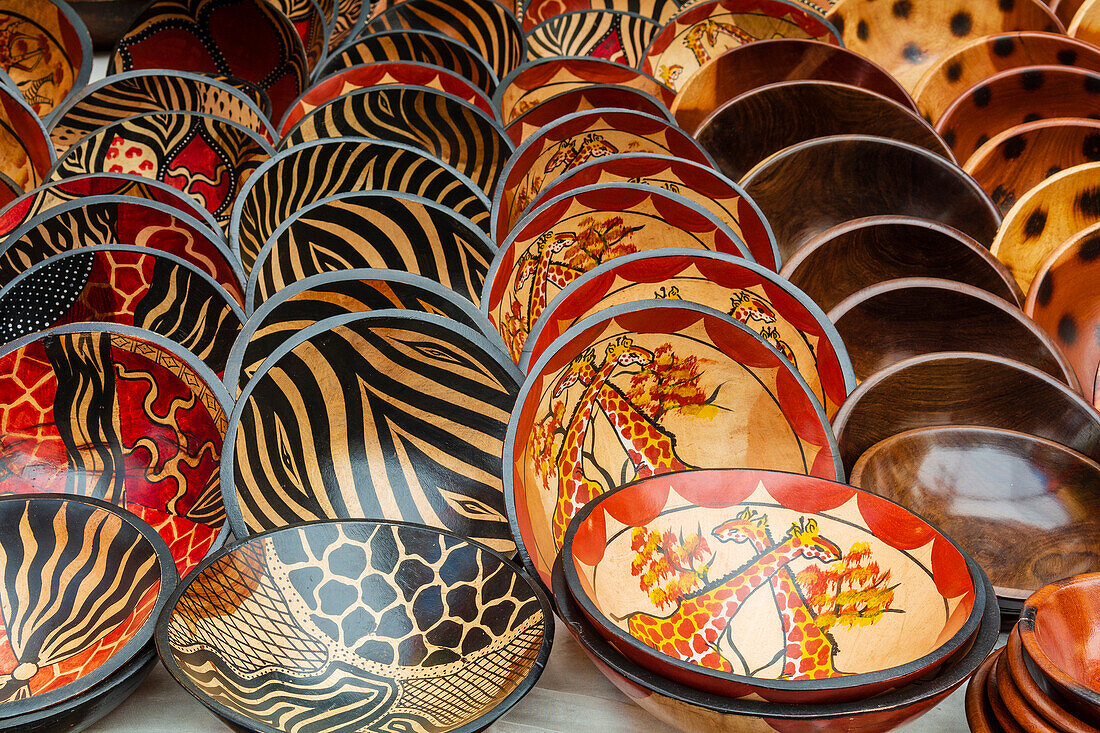Patterned African artisan wood bowls at Victoria and Alfred Waterfront in Cape Town,Cape Town,South Africa
