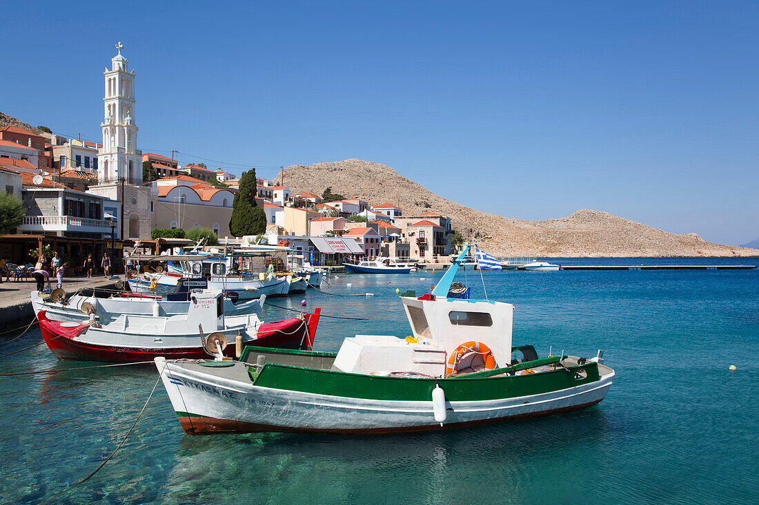 Moored boats in Emporio Harbor,Emporio,Halki,Dodecanese,Greece