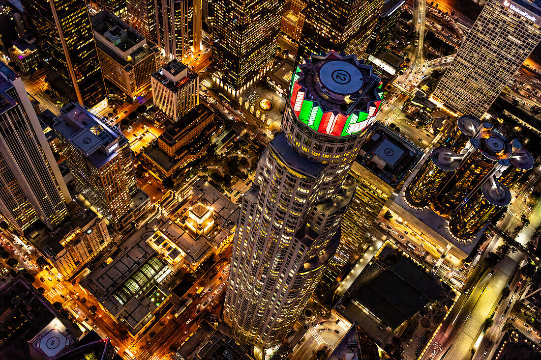 Aerial view of an illuminated skyscraper at dusk in downtown Los Angeles,Los Angeles,California,United States of America