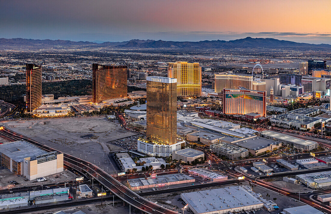Sunset aerial photo of the strip in Las Vegas with an iconic luxury hotel in the center of the image,Las Vegas,Nevada,United States of America