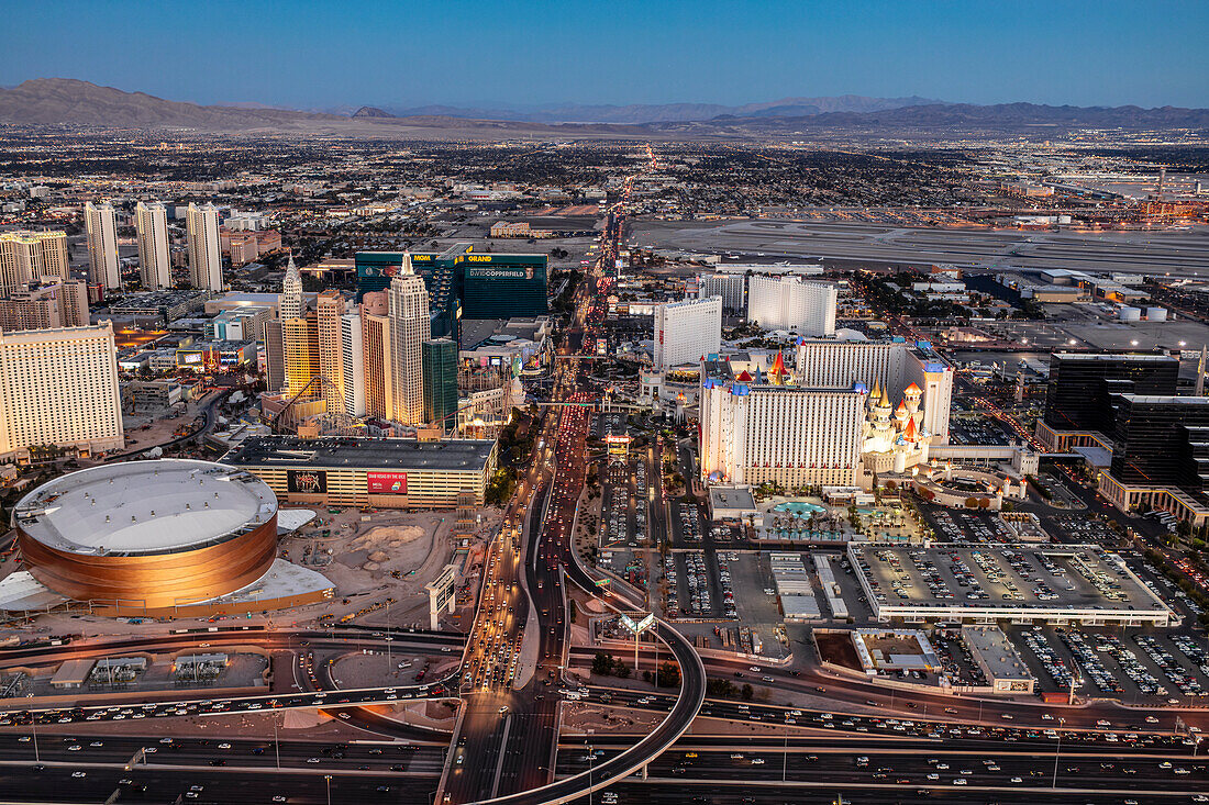 Aerial view of landmark buildings in Las Vegas,Nevada,USA,the sports arena,hotels and casinos,Las Vegas,Nevada,United States of America