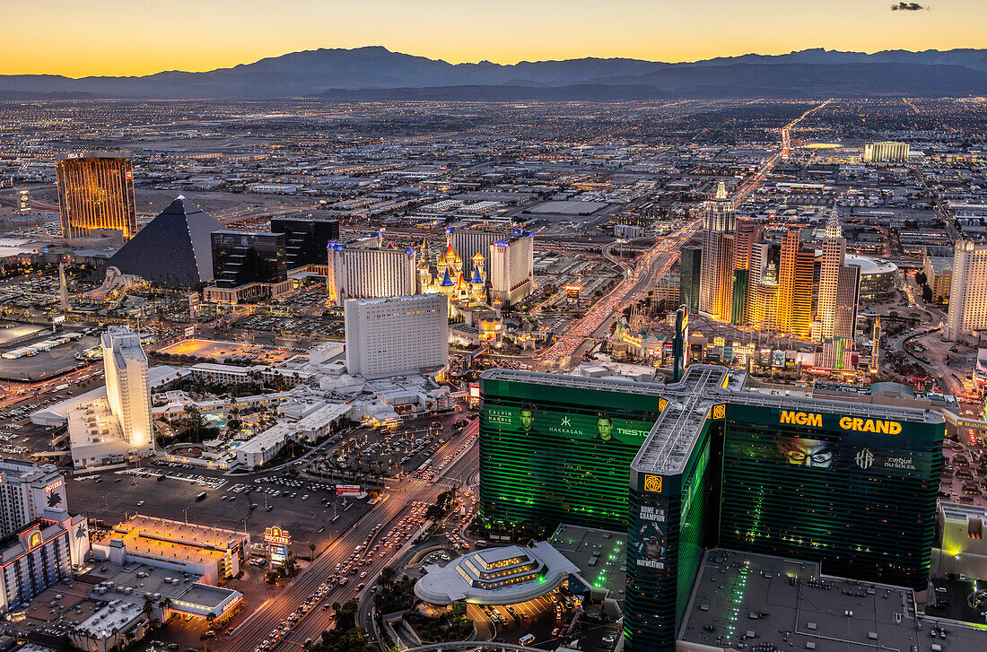 Aerial view of landmark hotels and the Las Vegas Strip in Las Vegas at sunset,Las Vegas,Nevada,United States of America