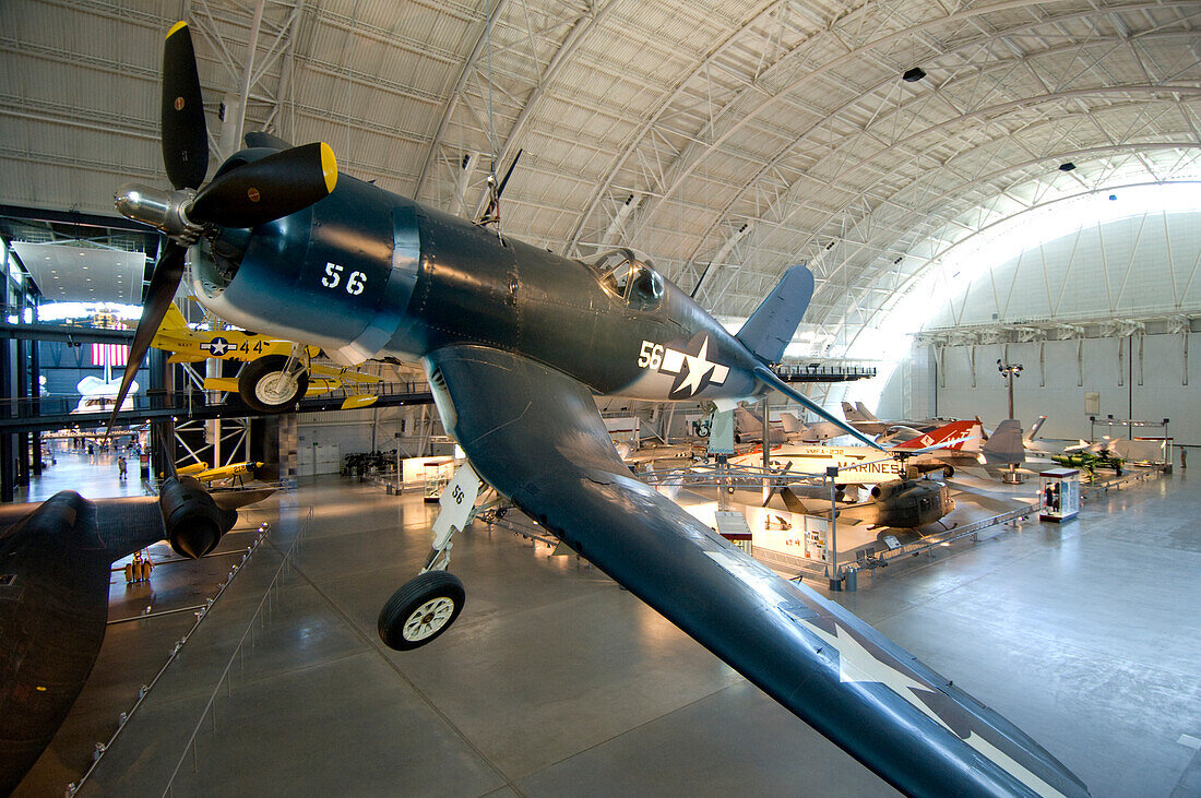 Aircraft in a hangar at the National Air and Space Museum,Steven F. Udvar Hazy Center in Chantilly,Virginia,USA. All from the new edition to the Air and Space Museum at the Dulles Airport. Shown most was an SR-71 Blackbird,as well as the space shuttle Enterprise,Chantilly,Virginia,United States of America