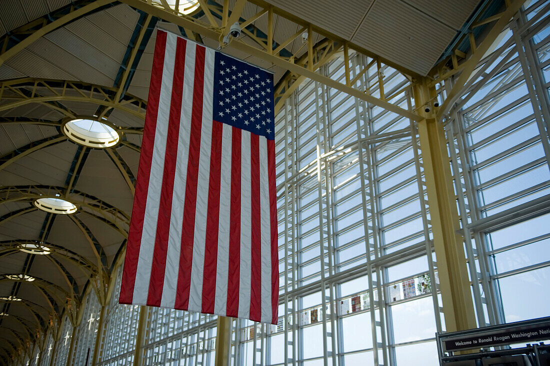 An American flag in the terminal building at Reagan National Airport,Washington,District of Columbia,United States of America