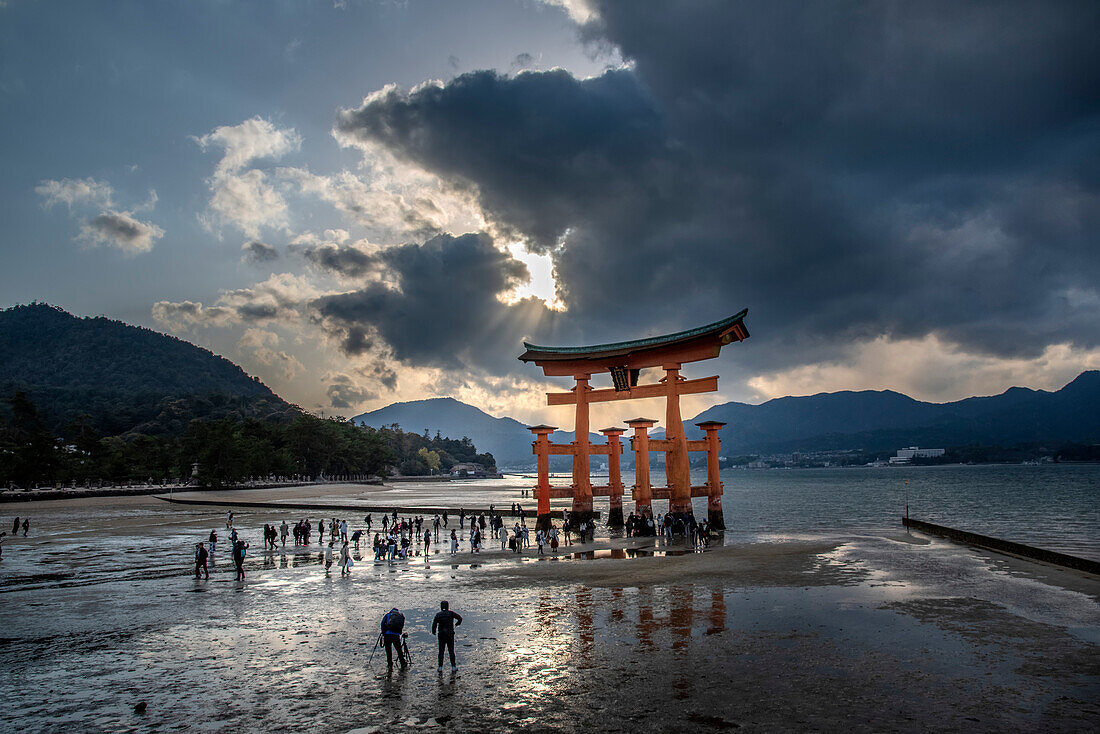 Bei Ebbe umringen Besucher das riesige Tori-Tor auf Miyajima. Die kleine Insel Itsukushima liegt weniger als eine Stunde außerhalb der Stadt Hiroshima. Am berühmtesten ist sie für ihr riesiges Torii-Tor, das bei Flut auf dem Wasser zu schweben scheint. Die Sehenswürdigkeit gilt als eine der schönsten Aussichten Japans, Miyajima, Japan