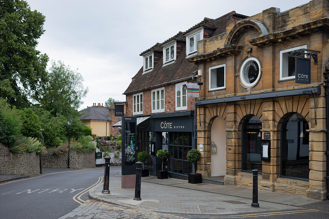 Restaurant in traditional architecture along High Street in Guildford,UK,Guildford,Surrey,England