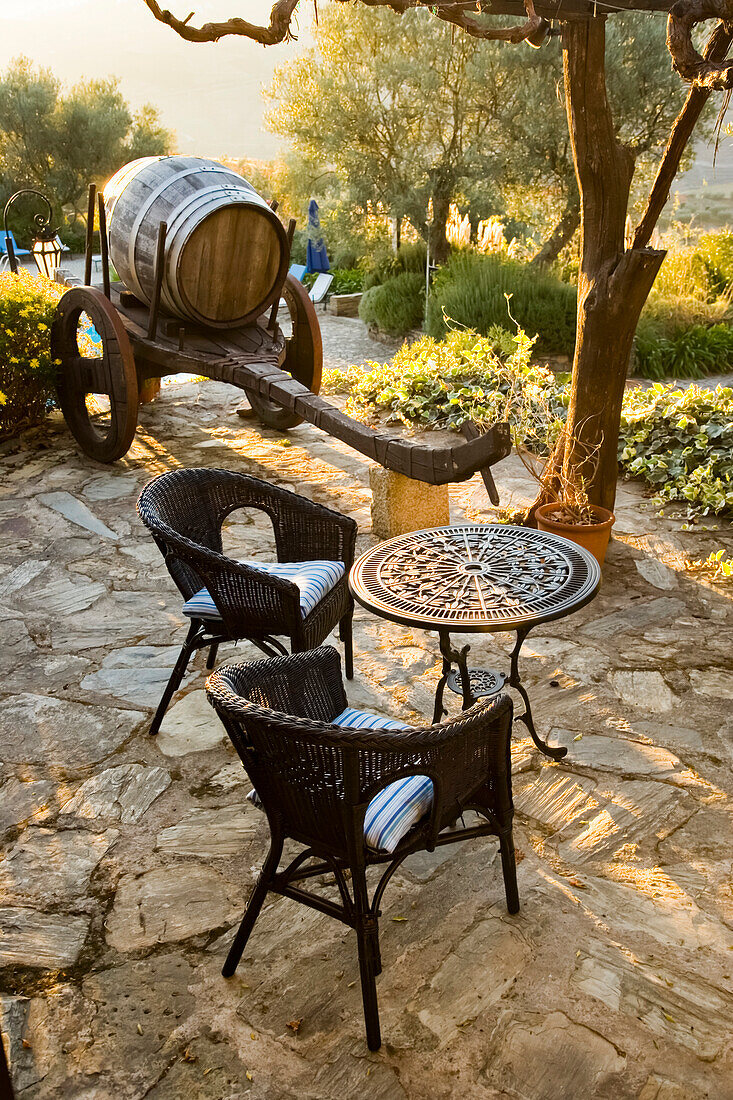 Table and two chairs and a wine barrel bathed in autumn light,Douro River Valley,Portugal