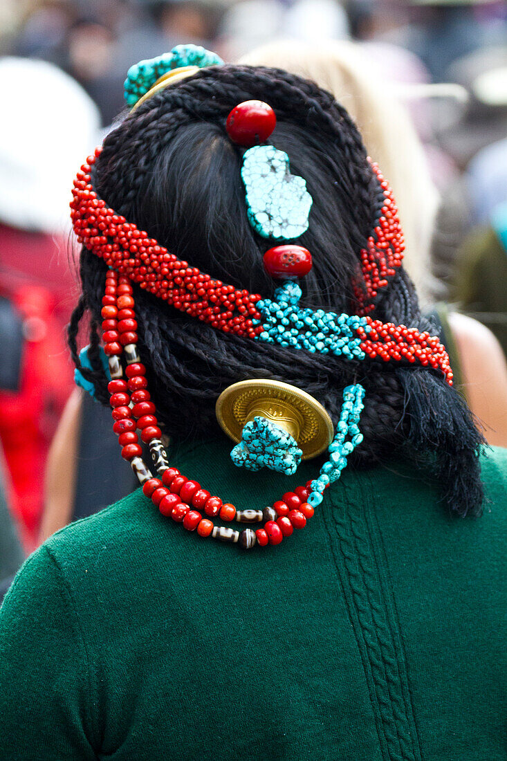 Rear view of a person with head accessory at Borkhar market,Lhasa,Tibet