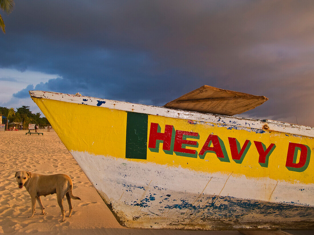 Dog next to a wooden fishing boat on Negril Beach in Jamaica,Negril Beach,Jamaica,West Indies