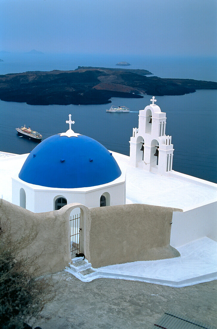 Greek church rooftop overlooking the Aegean Sea,Santorini,Greece