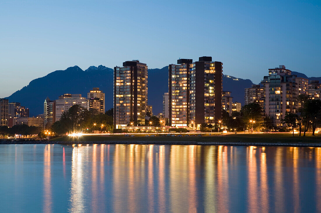 City and mountains at twilight in the city of Vancouver,Canada,Vancouver,British Columbia,Canada