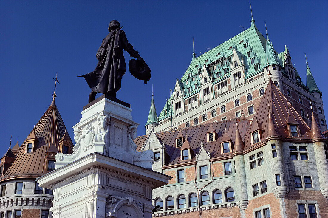 Statue of Champlain and Chateau Frontenac Quebec City,Quebec,Canada