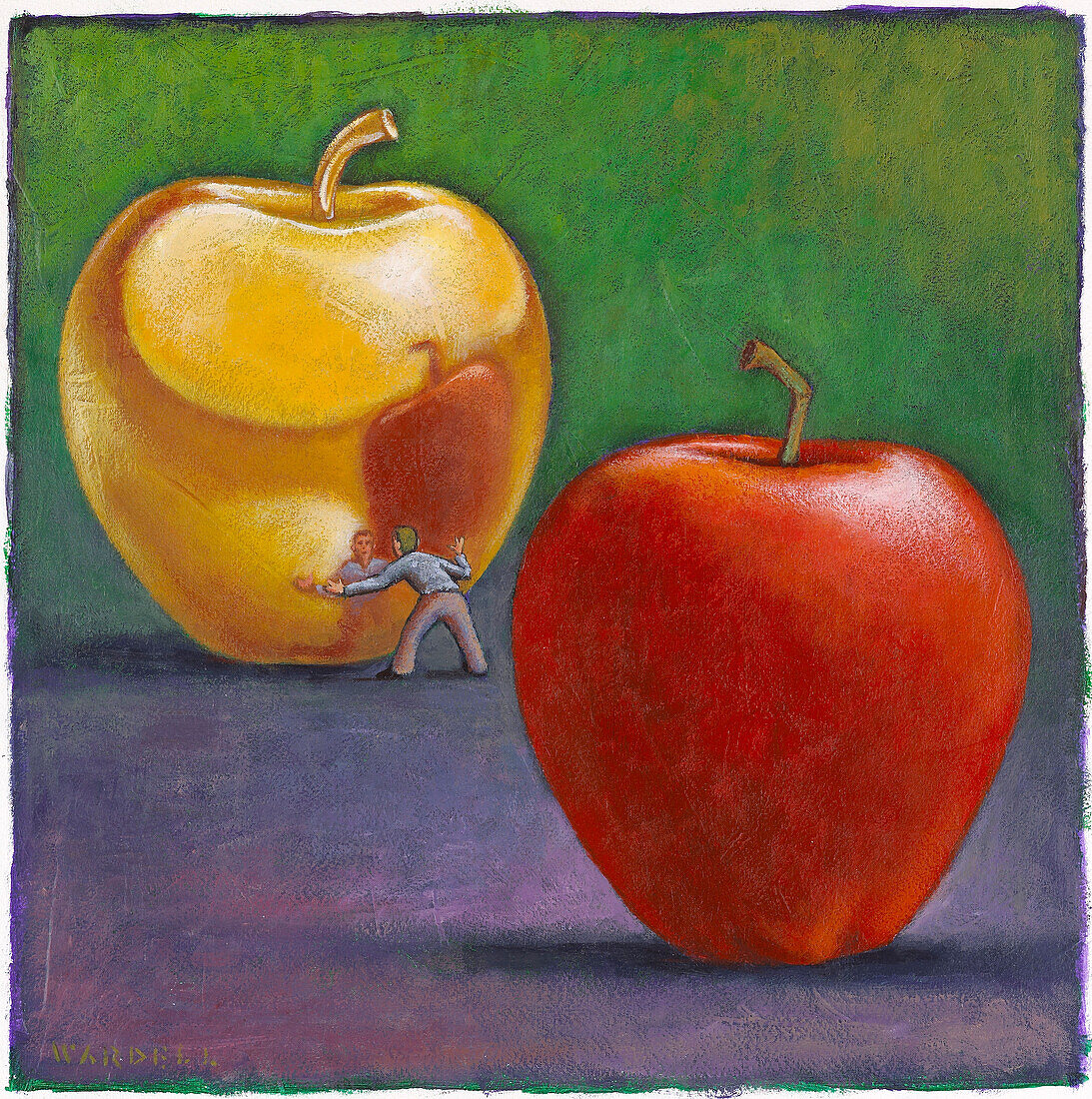 Illustration eines Mannes, der die Spiegelung in einem goldenen Apfel betrachtet, mit einem roten Apfel im Vordergrund