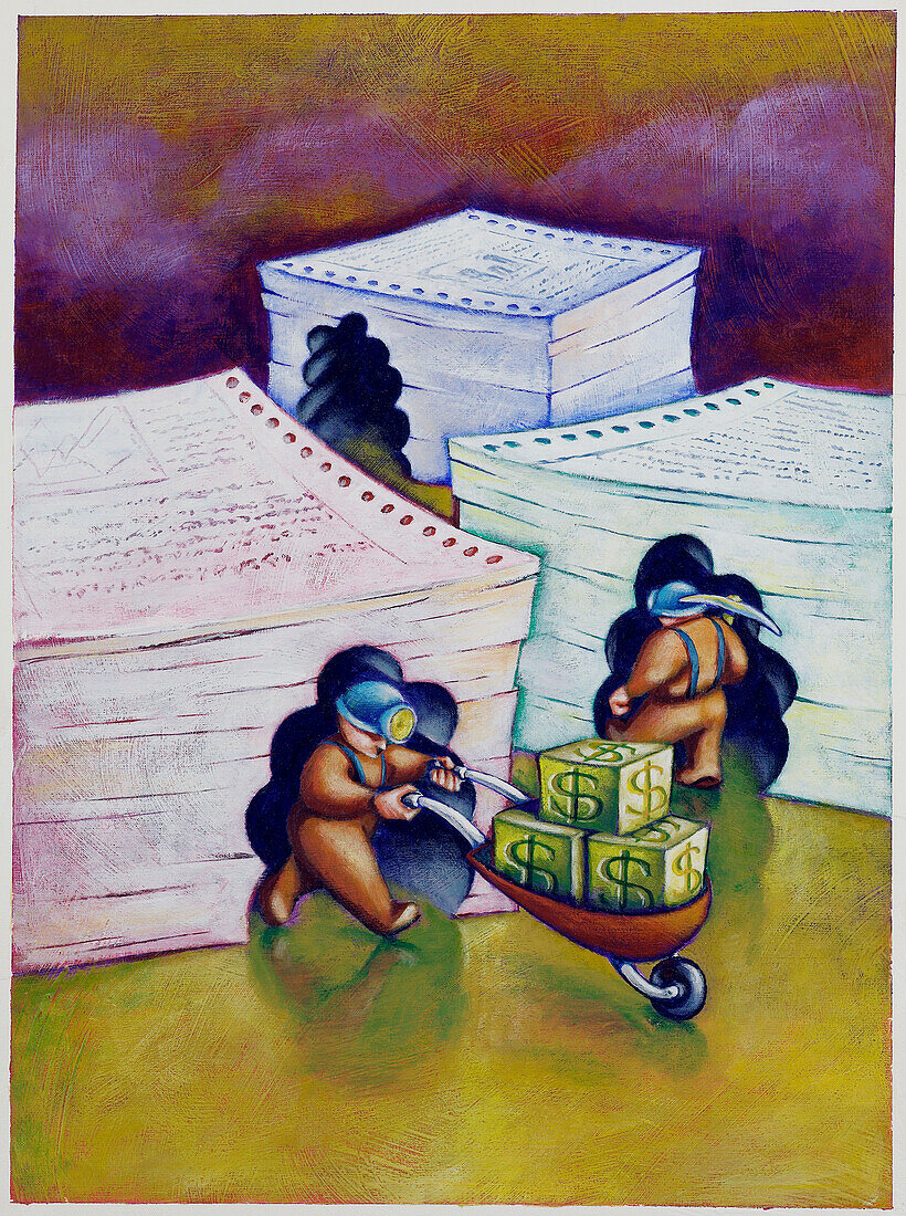 Illustration of Miners Extracting Money from Sheets of Data