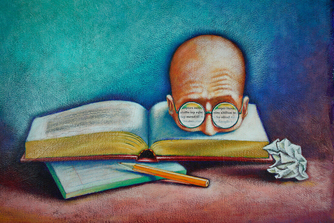 Illustration eines kahlen Kopfes, der aus einem Buch herausragt