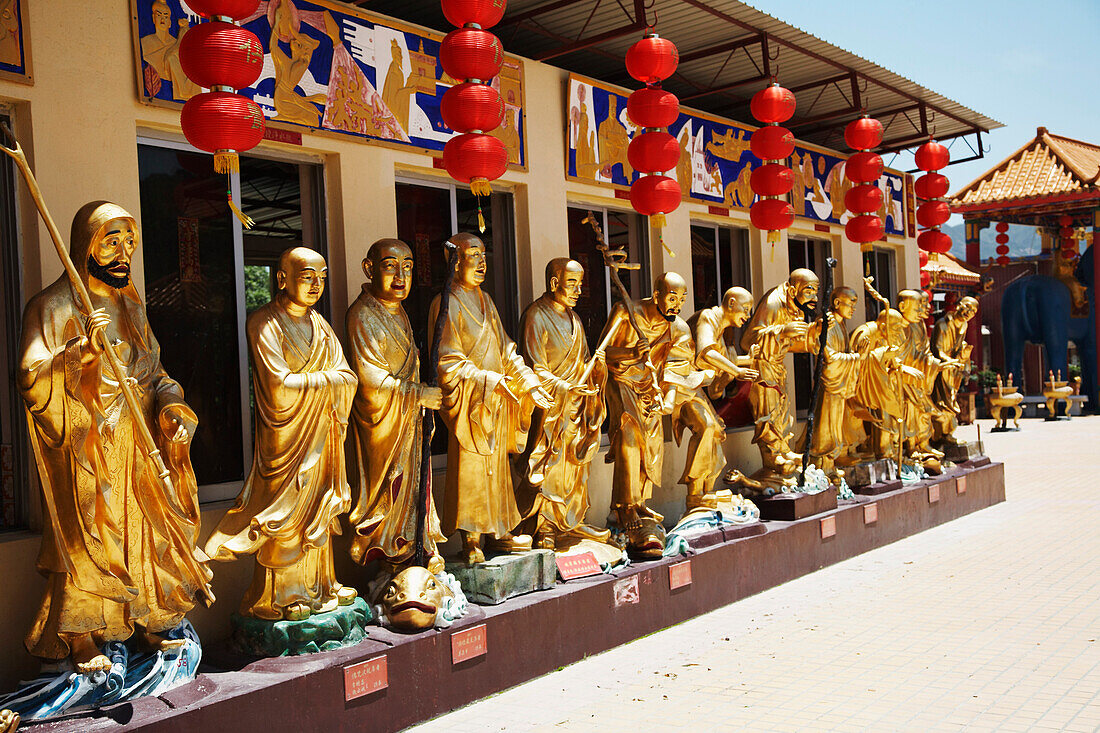 Von goldenen Buddha-Statuen gesäumter Weg zum Kloster der Zehntausend Buddhas, Sha Tin, Neuterritorien, China