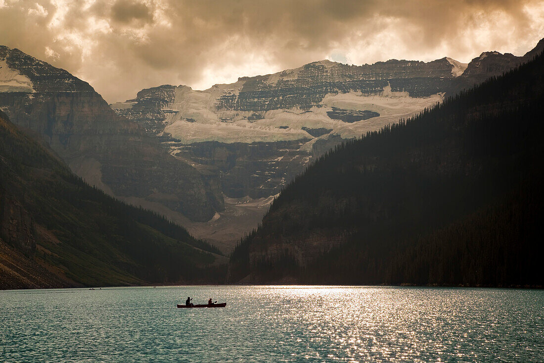 Mount Victoria and Lake Louise with Canoeists,Banff National Park,Alberta,Canada