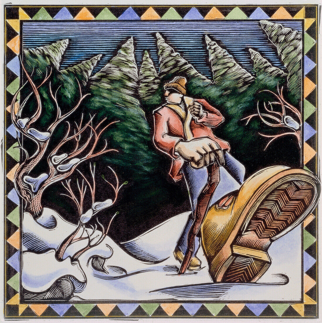 Illustration eines Mannes, der im Winter durch den Wald geht