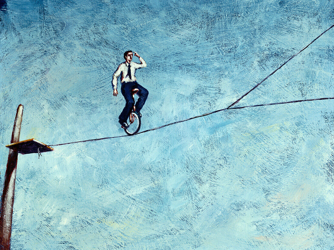 Illustration eines Geschäftsmannes, der Einrad auf einem Drahtseil fährt