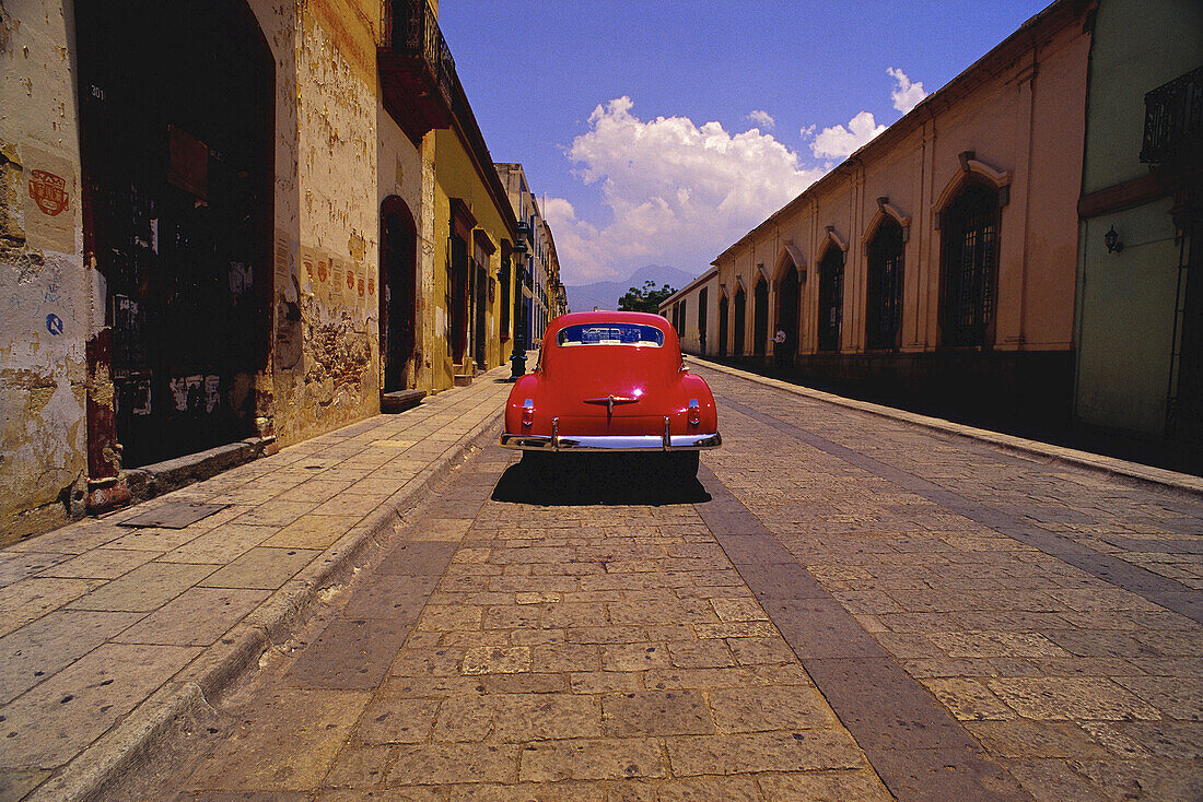 Back View of Classic Car on Street,Oaxaca,Mexico