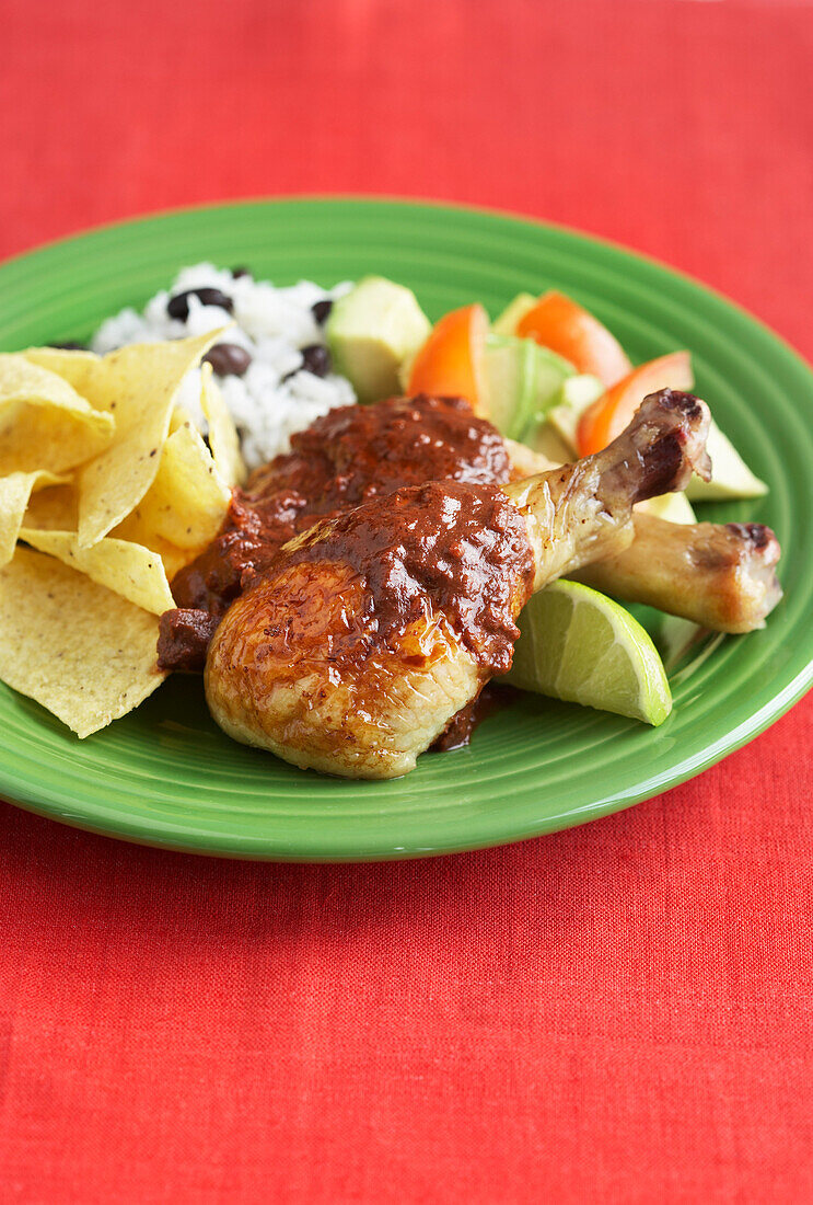 Chicken With Mole Sauce,Rice,Salad and Chips