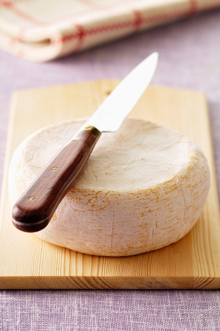 Käse und Messer auf Schneidebrett
