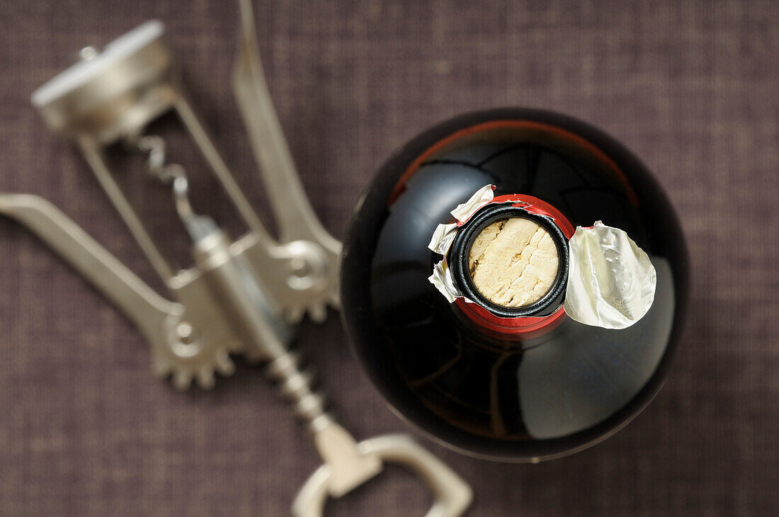 Draufsicht auf Rotweinflasche und Korkenzieher vor grauem Hintergrund, Studioaufnahme