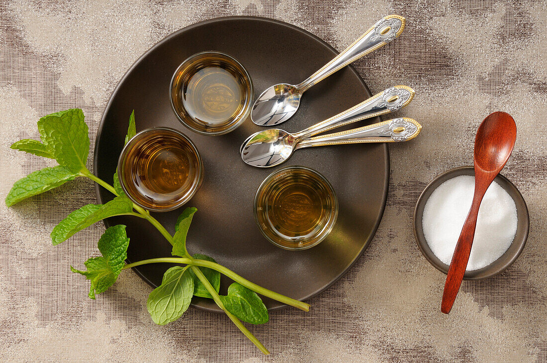 Overhead View of Mint Tea on Serving Tray with Bowl of Sugar,Studio Shot