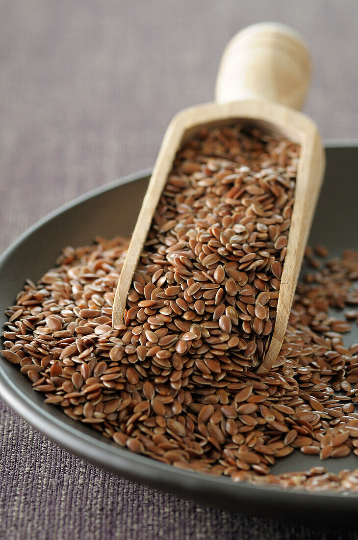 Close-up of Flax Seeds in Bowl with Scoop,Studio Shot