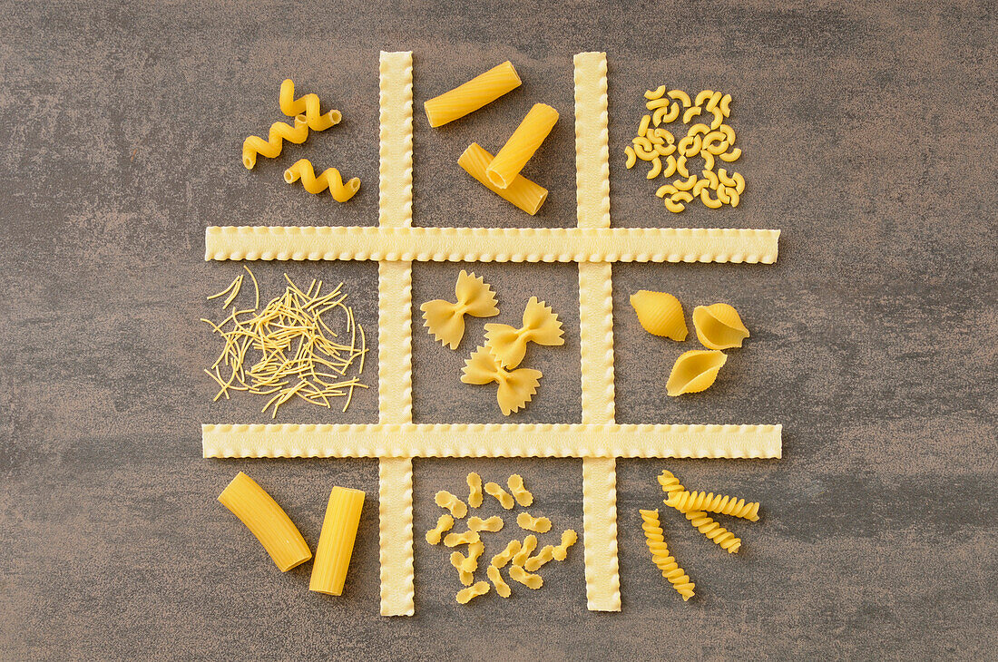 Overhead view of Grid of Various Pastas