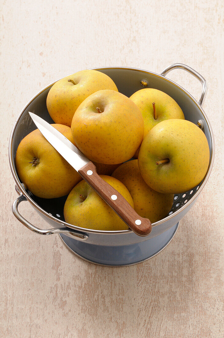 Draufsicht auf ein Sieb gefüllt mit Äpfeln und einem Messer, Studioaufnahme