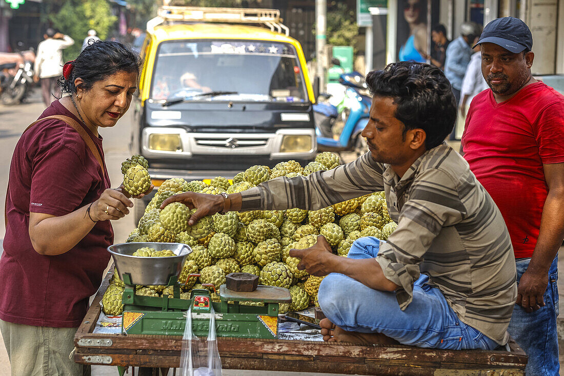 Fruit stall selling custard apples,Mumbai,India,Asia