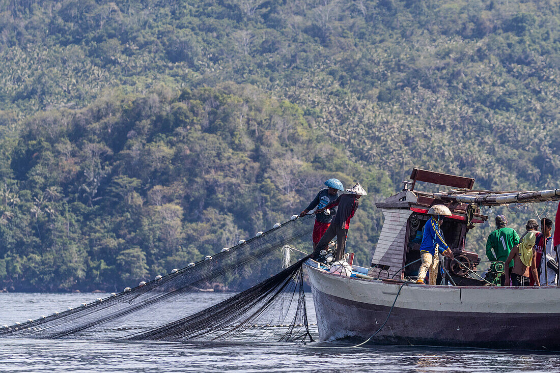 Thunfischfischer beim Einholen eines Ringwadennetzes, Insel Bangka, vor der nordöstlichen Spitze von Sulawesi, Indonesien, Südostasien, Asien