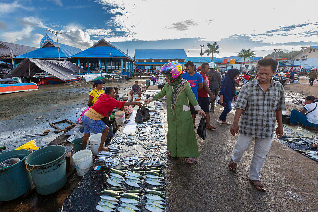 Vendors selling fresh fish at the fish market in Sorong,the largest city of the Indonesian province of Southwest Papua,Indonesia,Southeast Asia,Asia