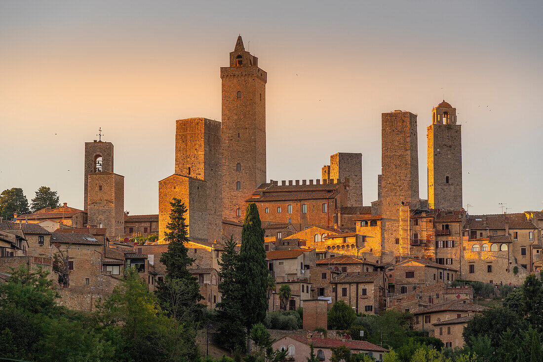 View of San Gimignano skyline at sunset,San Gimignano,UNESCO World Heritage Site,Province of Siena,Tuscany,Italy,Europe