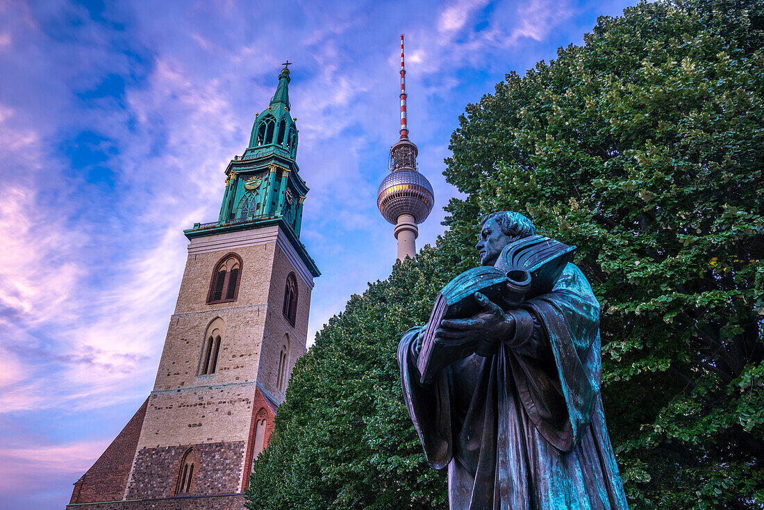 View of Berliner Fernsehturm and St. Mary's Church at dusk,Panoramastrasse,Berlin,Germany,Europe