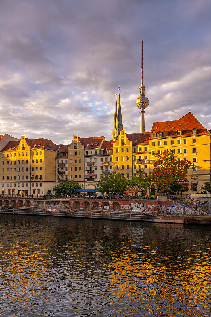 View of River Spree and Berliner Fernsehturm at sunset,Nikolai District,Berlin,Germany,Europe