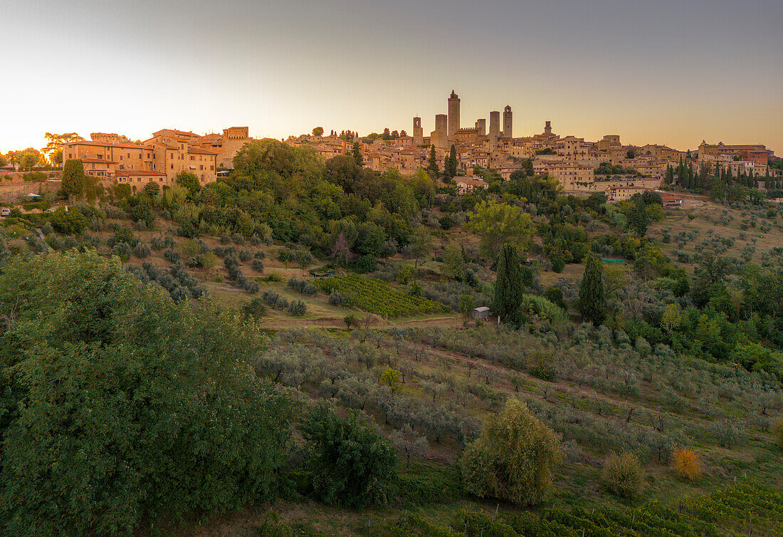 Blick von oben auf San Gimignano und die Stadt bei Sonnenuntergang,San Gimignano,Toskana,Italien,Europa