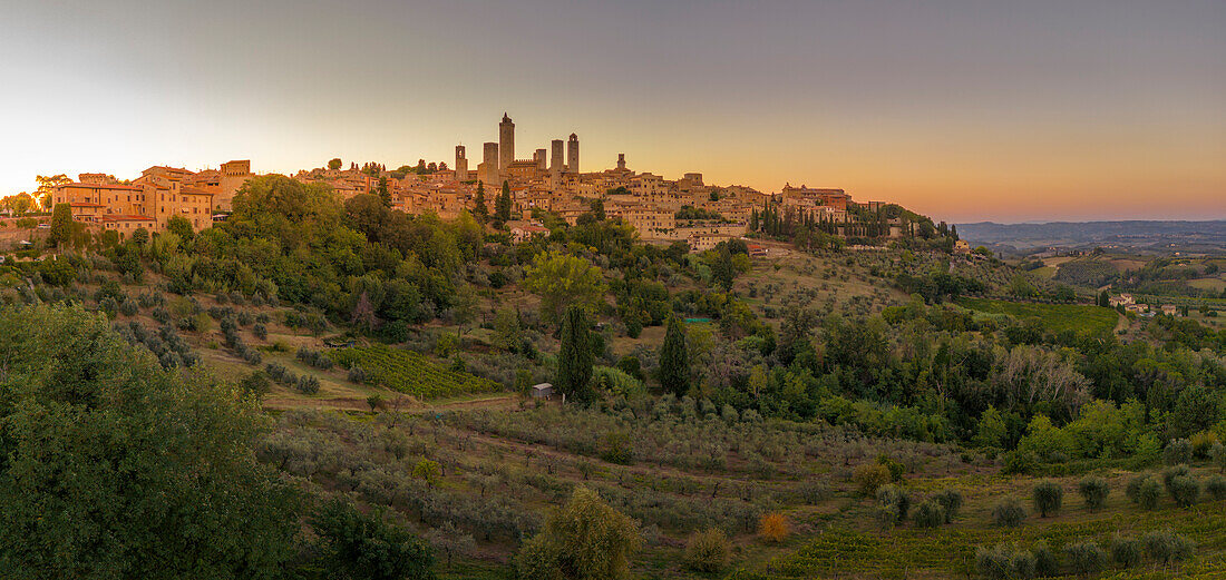Blick von oben auf San Gimignano und die Stadt bei Sonnenuntergang,San Gimignano,Toskana,Italien,Europa