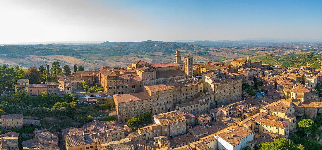 Elevated view of rooftops and town of Montepulciano at sunset,Montepulciano,Tuscany,Italy,Europe