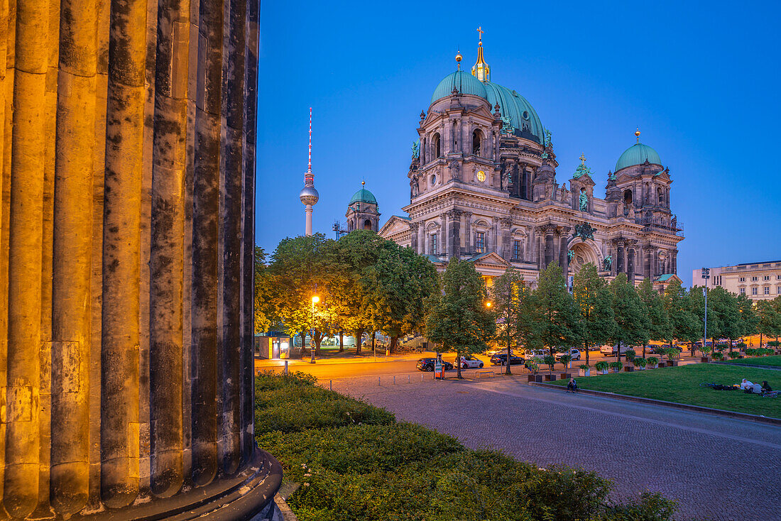 View of Berliner Dom (Berlin Cathedral) viewed from Neues Museum at dusk,Berlin,Germany,Europe