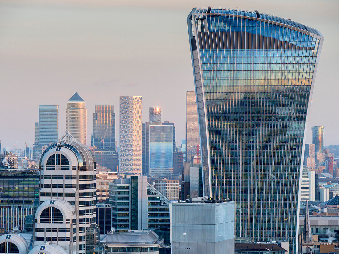 Walkie Talkie Building in the City of London with Canary Wharf beyond,London,England,United Kingdom,Europe