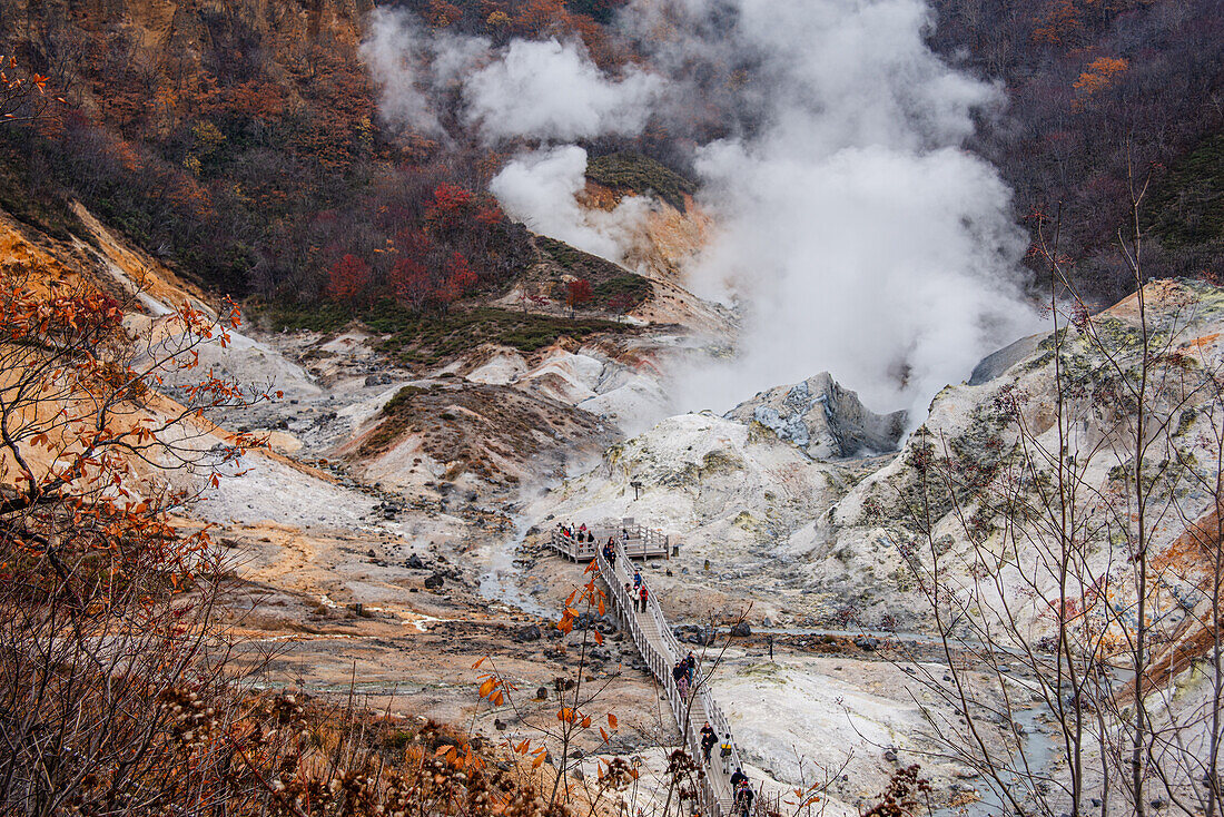 Pathway through steaming Sulphur pits,Hell Valley,Shikotsu-Toya National Park,Noboribetsu,Hokkaido,Japan,Asia