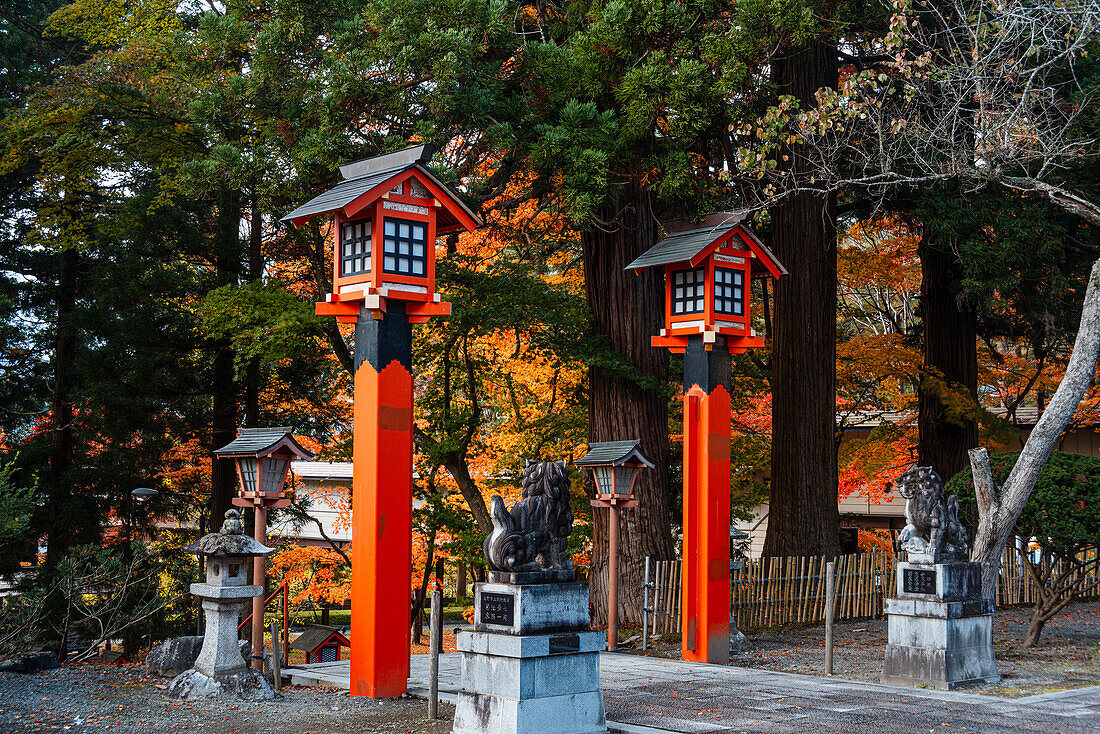 Schöne rote Shinto-Laternen an einem Shinto-Schrein in Nord-Honshu, Japan, Asien