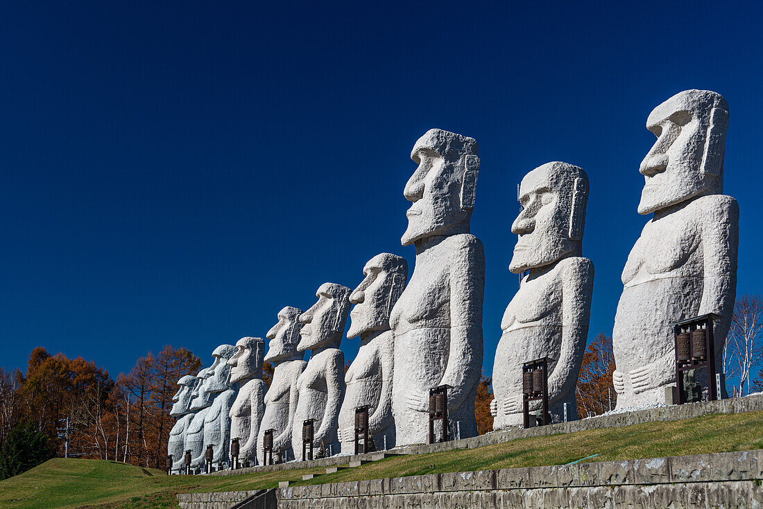 Moai-Statuen vor blauem Himmel, Makomanai Takino-Friedhof, Hügel des Buddha, Sapporo, Hokkaido, Japan, Asien