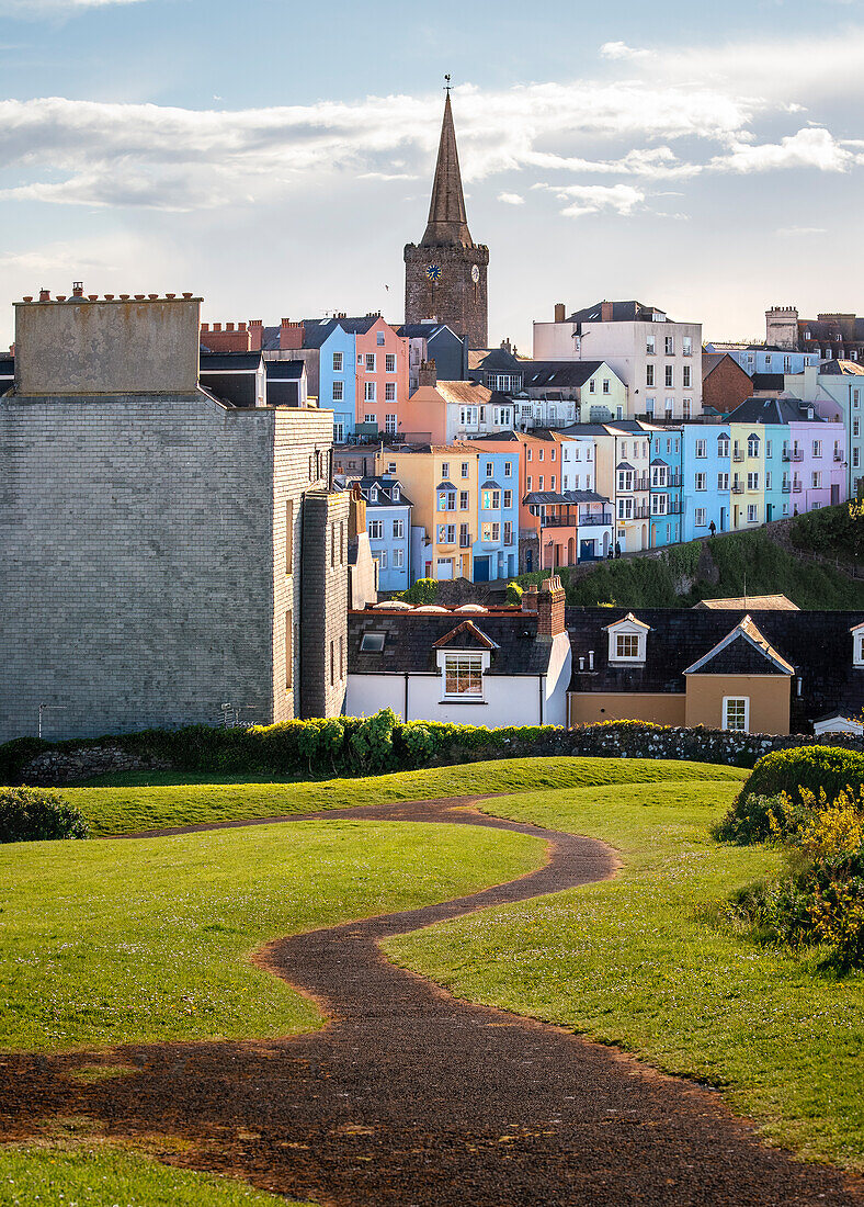 Colorful rooftops and church spire in the seaside village of Tenby on the Pembrokeshire Coast,Wales,United Kingdom,Europe