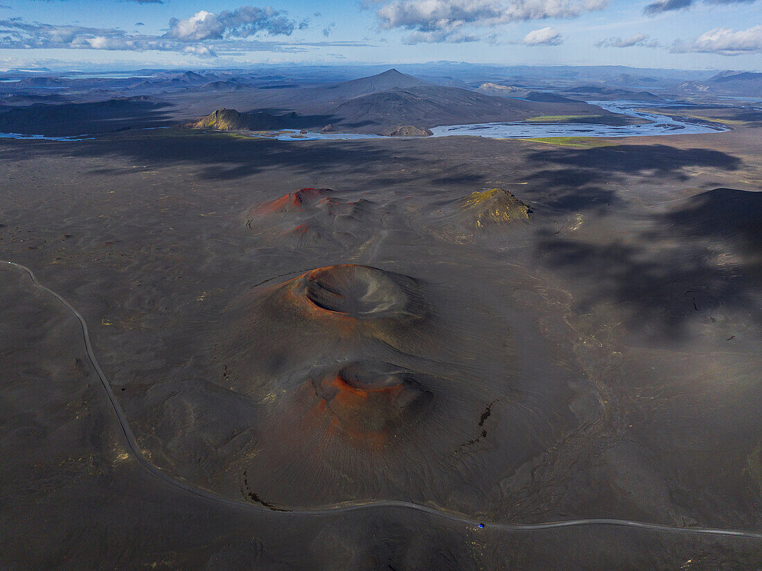 Aerial view taken by drone of natural landscape in Landmannaugar area on a summer day,Iceland,Polar Regions