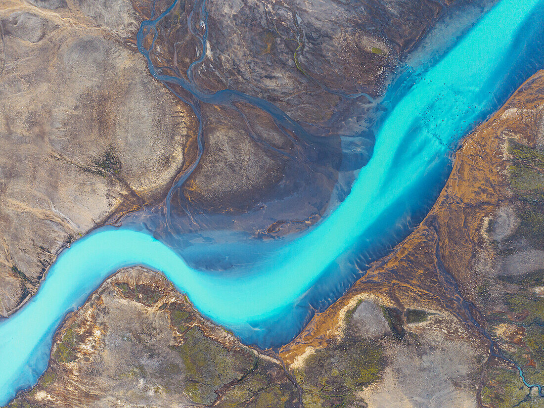Aerial abstract view of the river on a summer day along the Icleandic southern coast,Iceland,Polar Regions